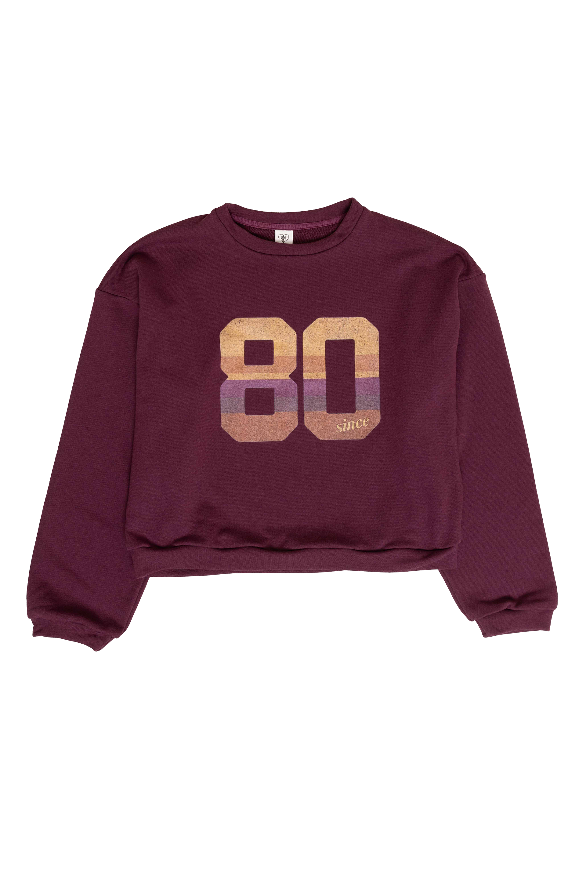 Maroon sweatshirt with '80 since' print on a white background
