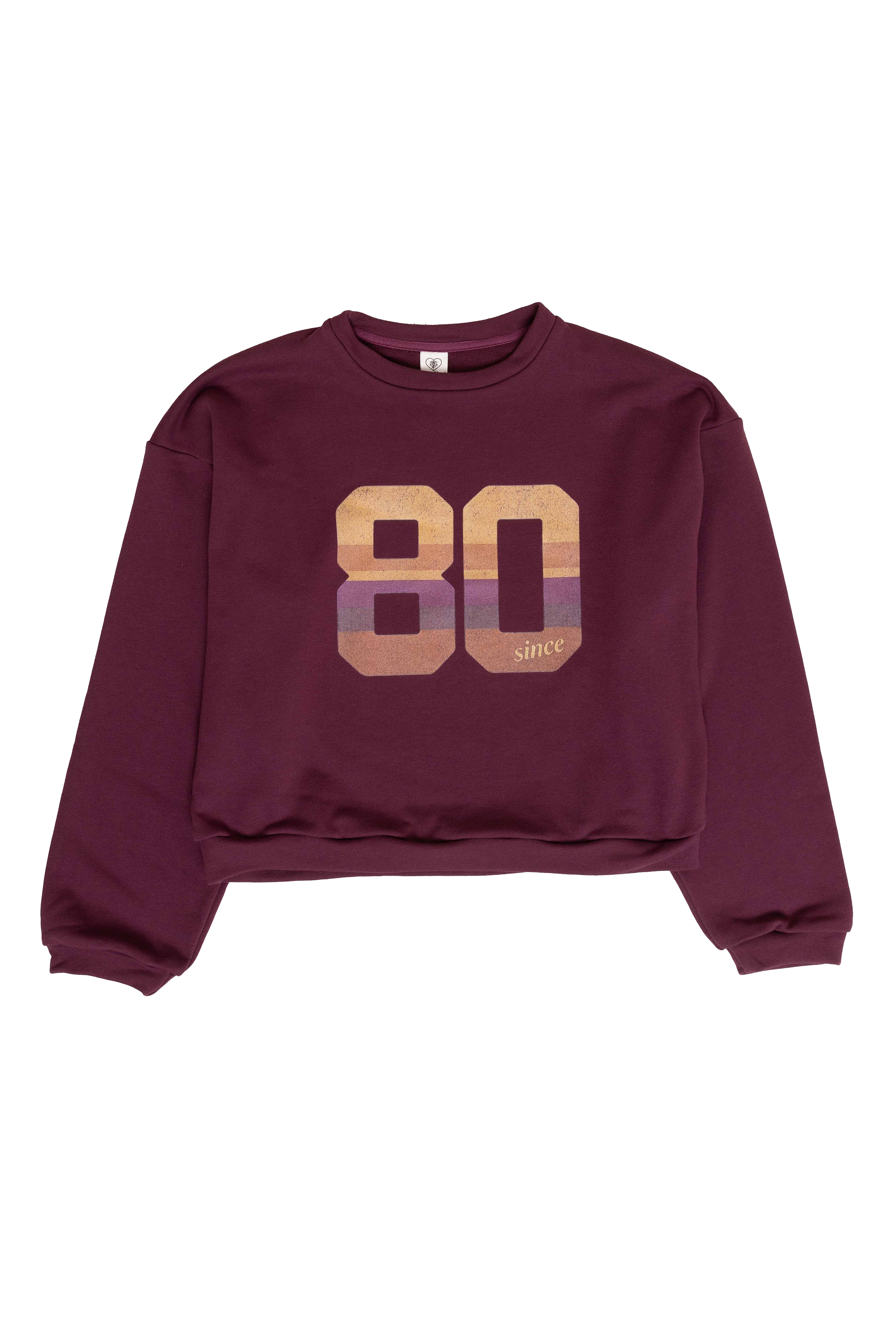 Maroon sweatshirt with '80 since' print on a white background