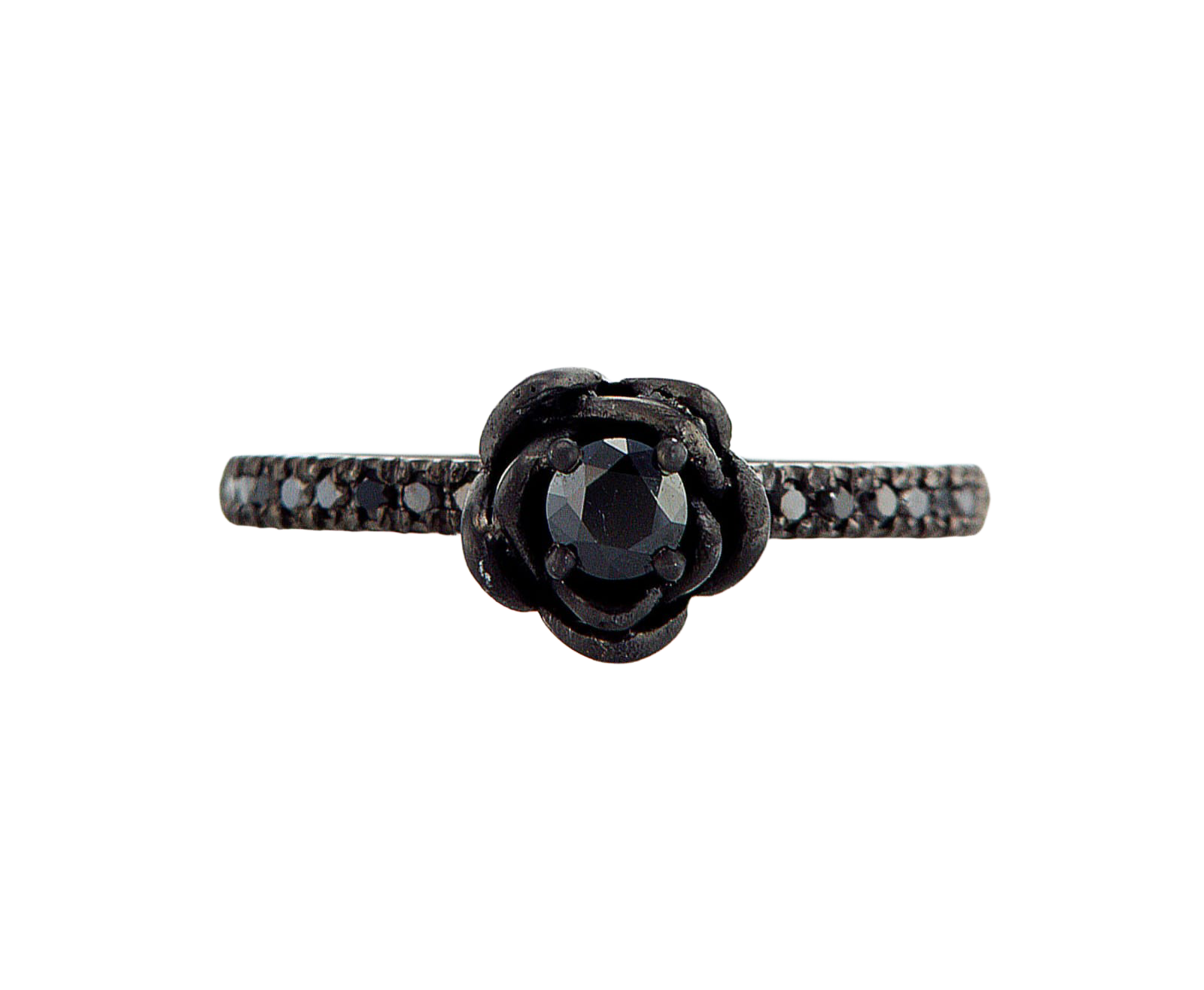 Black rose-shaped ring with central gemstone on a white background