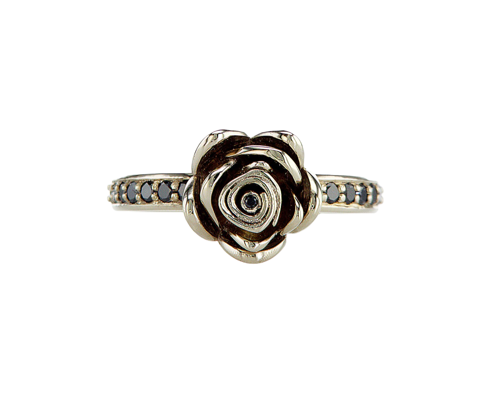 Gold rose-shaped ring with black gemstones on a white background
