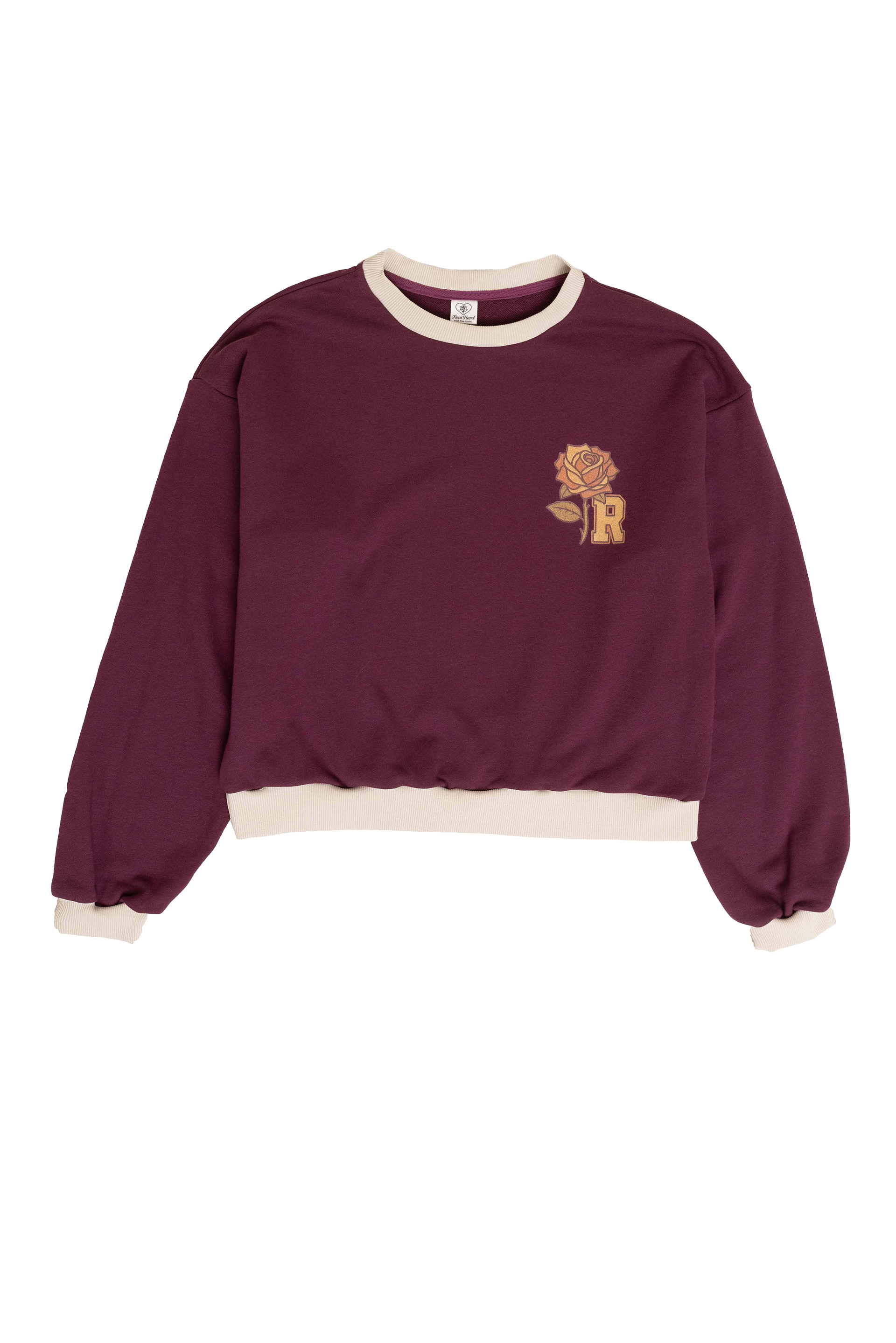 Maroon sweatshirt with a rose design on a white background