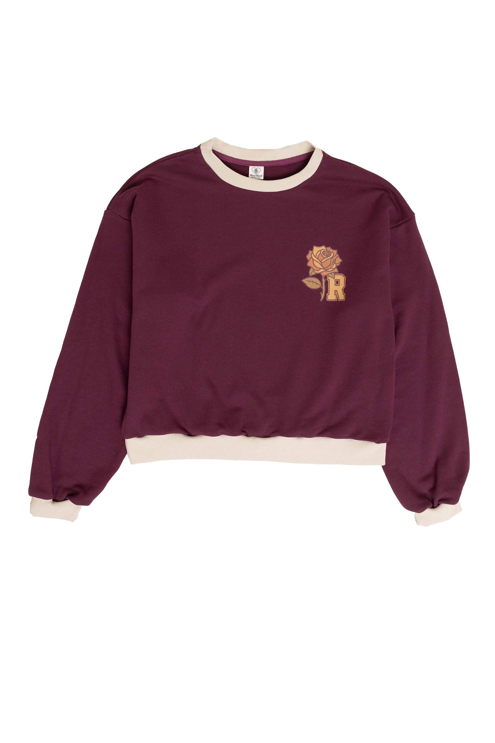Maroon sweatshirt with a rose design on a white background