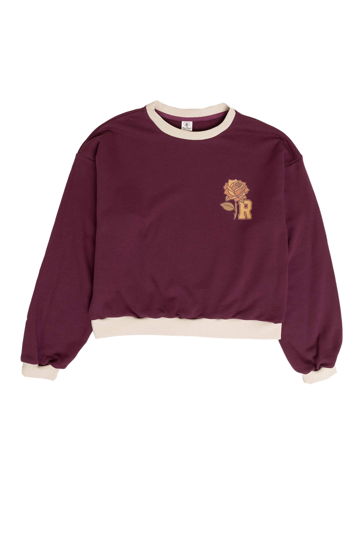 Maroon sweatshirt with a rose design on a white background