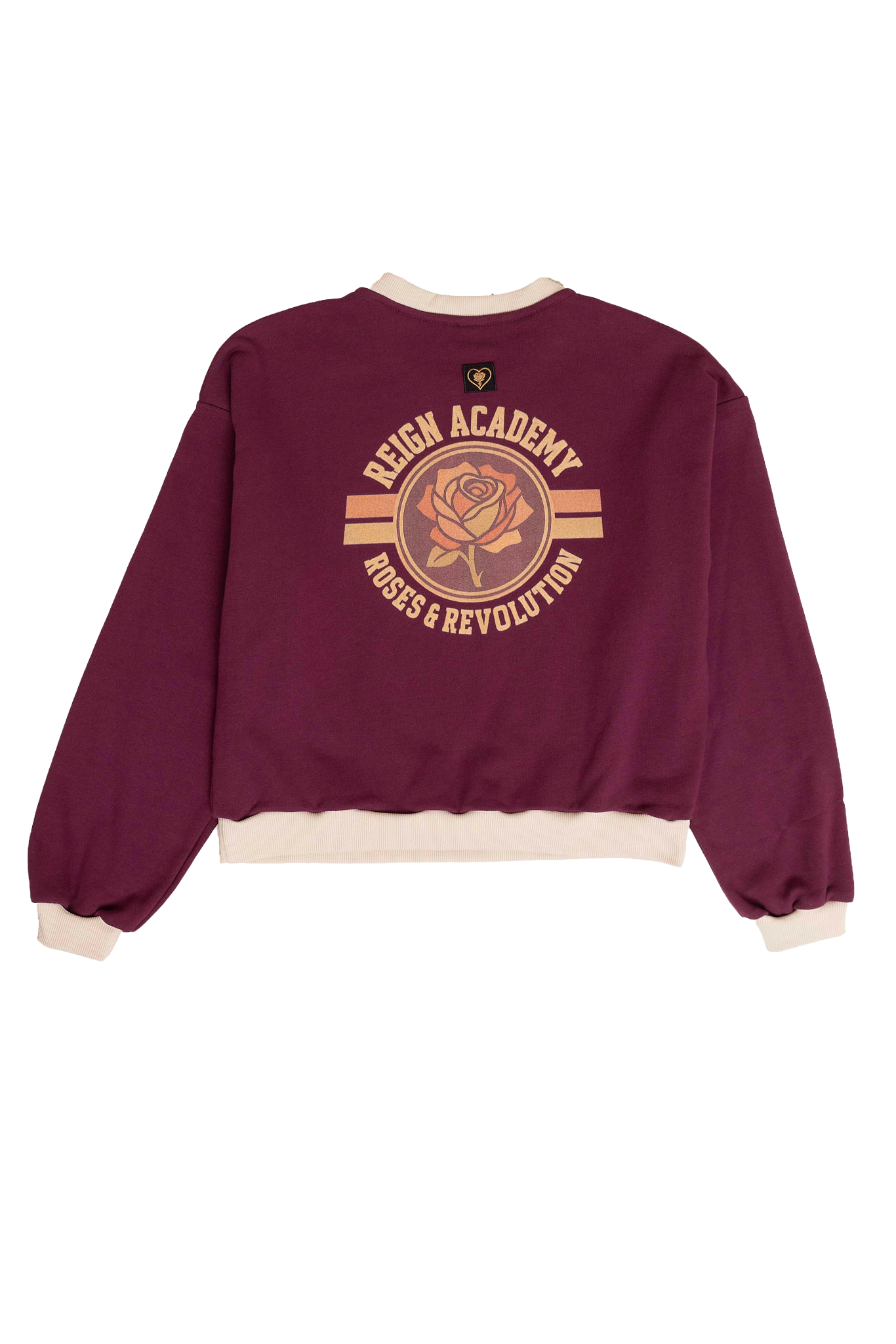 Maroon sweatshirt with rose graphic and text on a white background