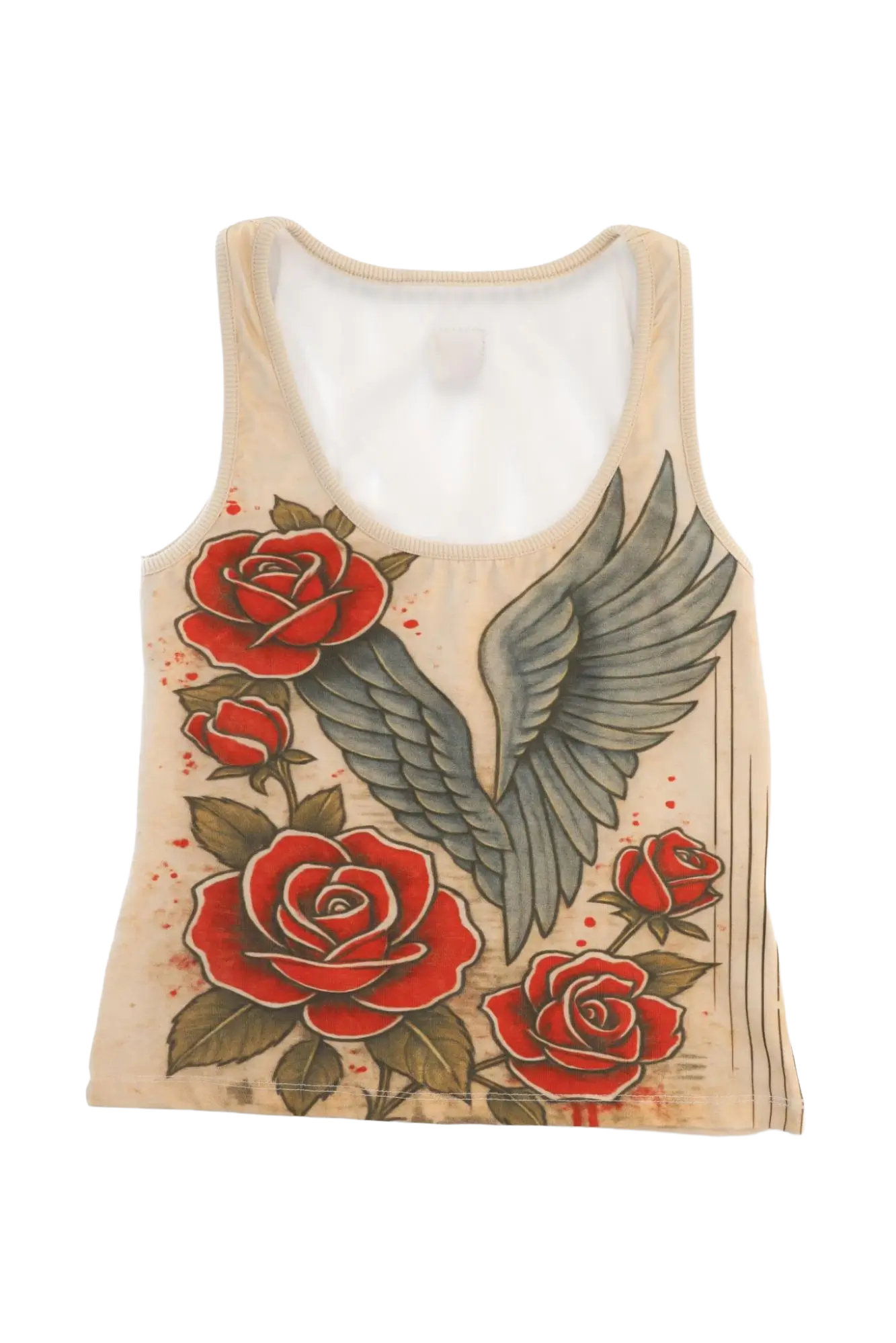 Beige tank top with red roses and gray wings design on a white background