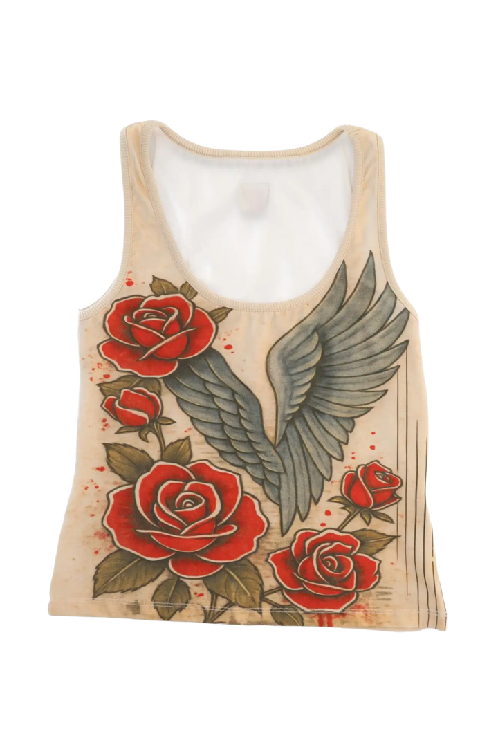 Beige tank top with red roses and gray wings design on a white background