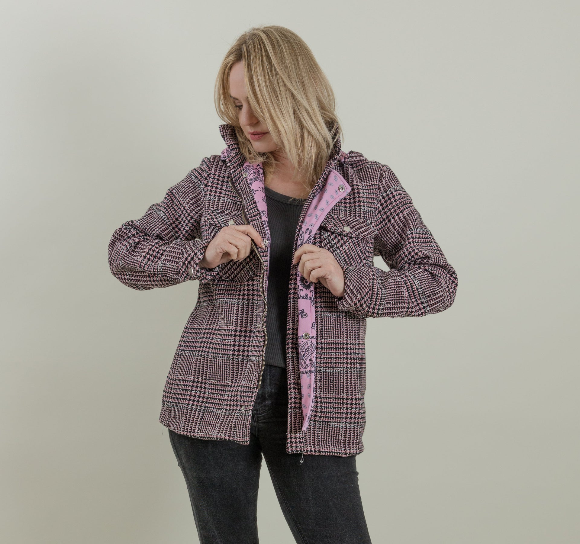 Dual Mode Jacket – Black Grey Tweed with Pink Bandana