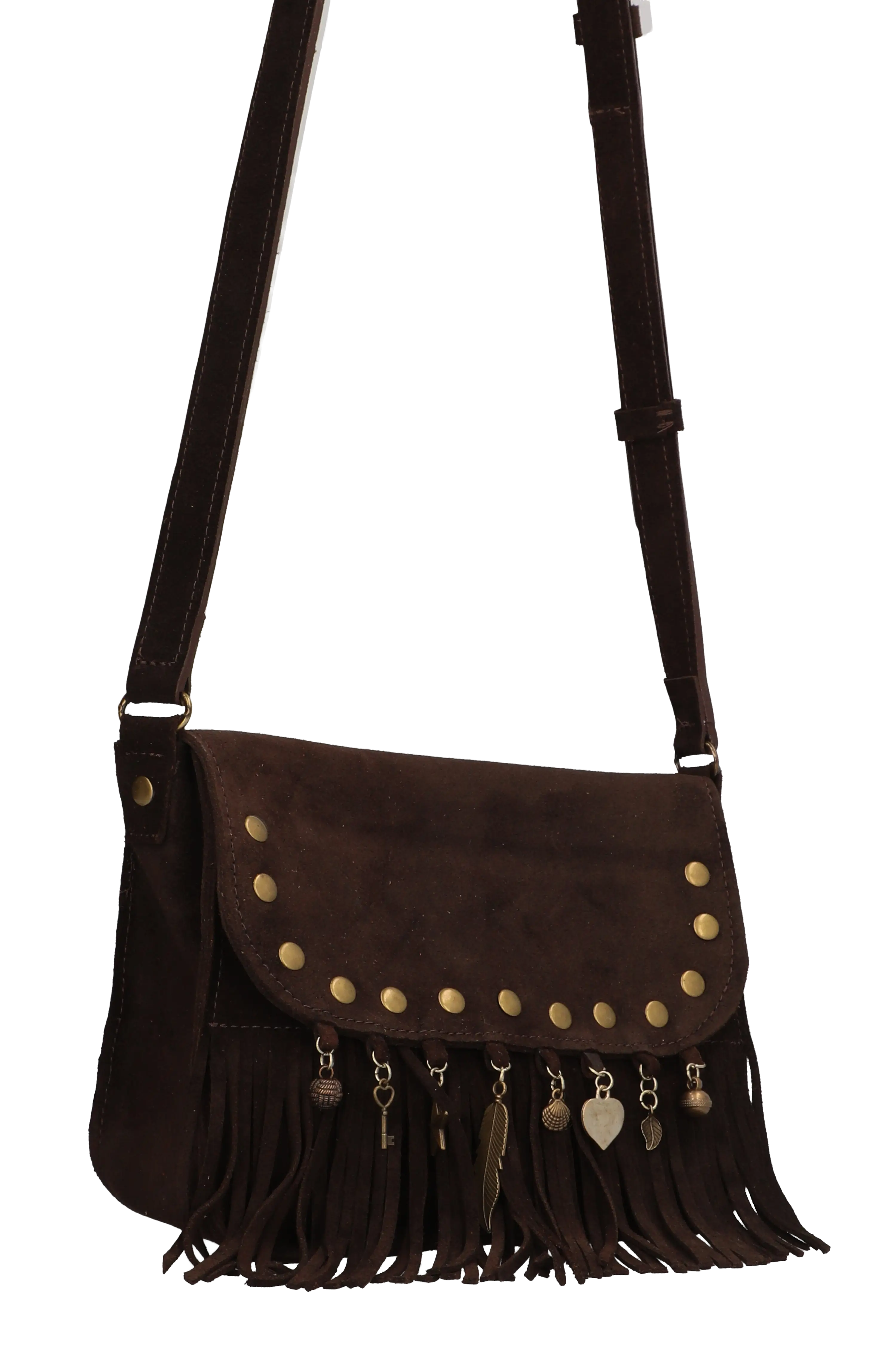 Brown suede handbag with fringe and gold studs on a white background