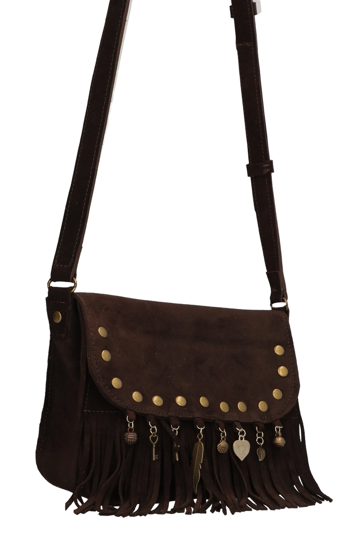Brown suede handbag with fringe and gold studs on a white background