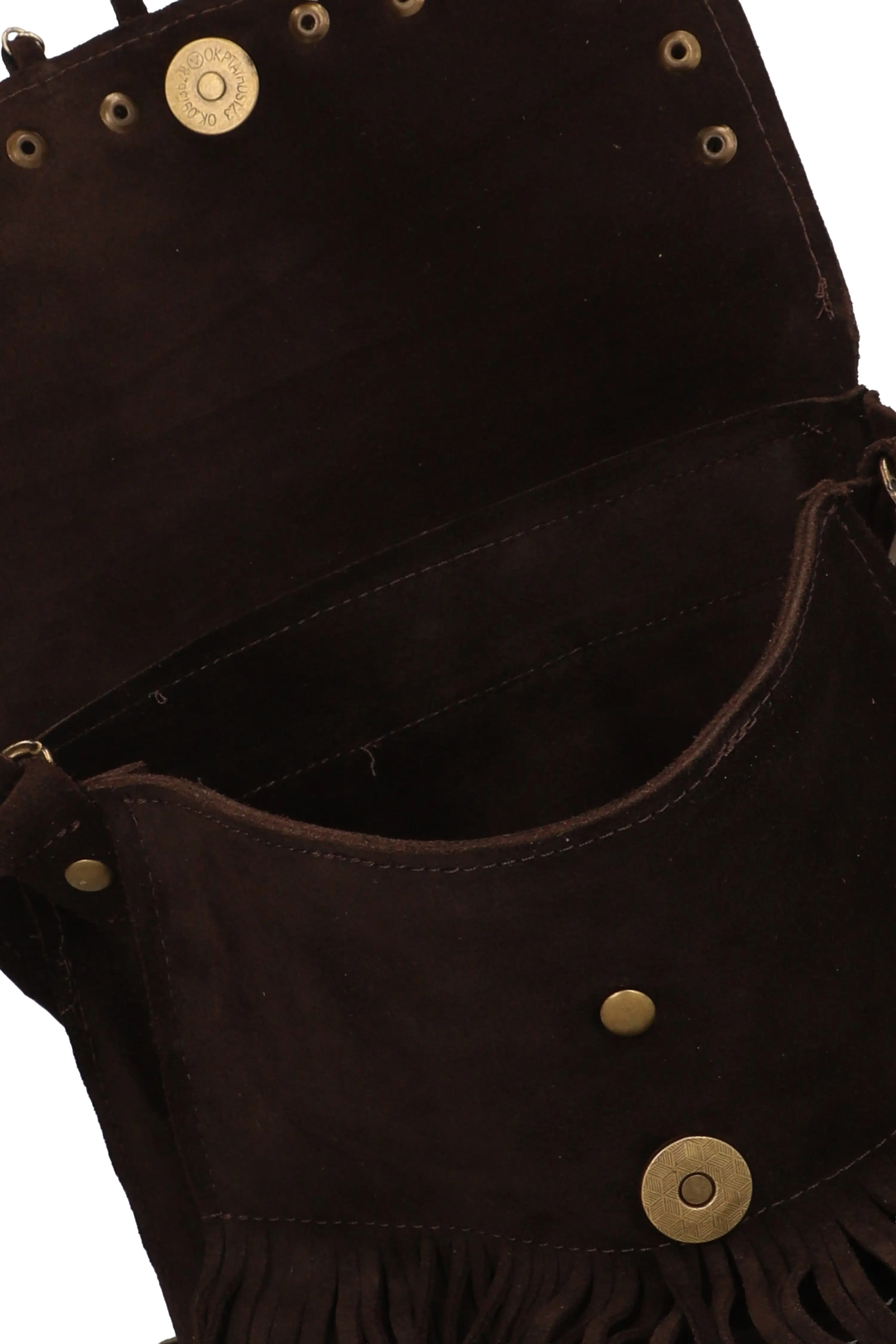Close-up of a dark brown leather bag with gold studs on a white background