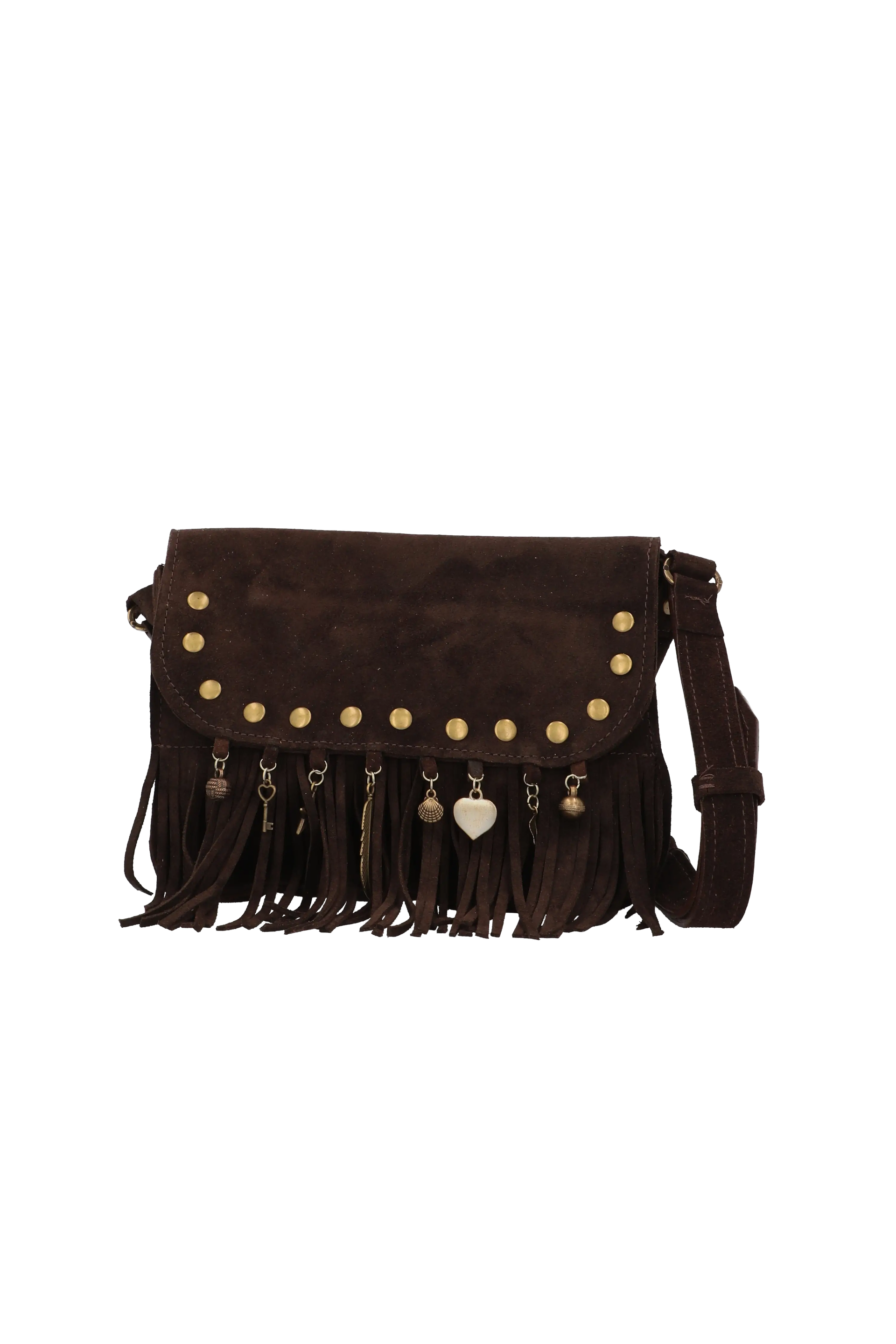 Brown leather handbag with fringes and studs on a white background