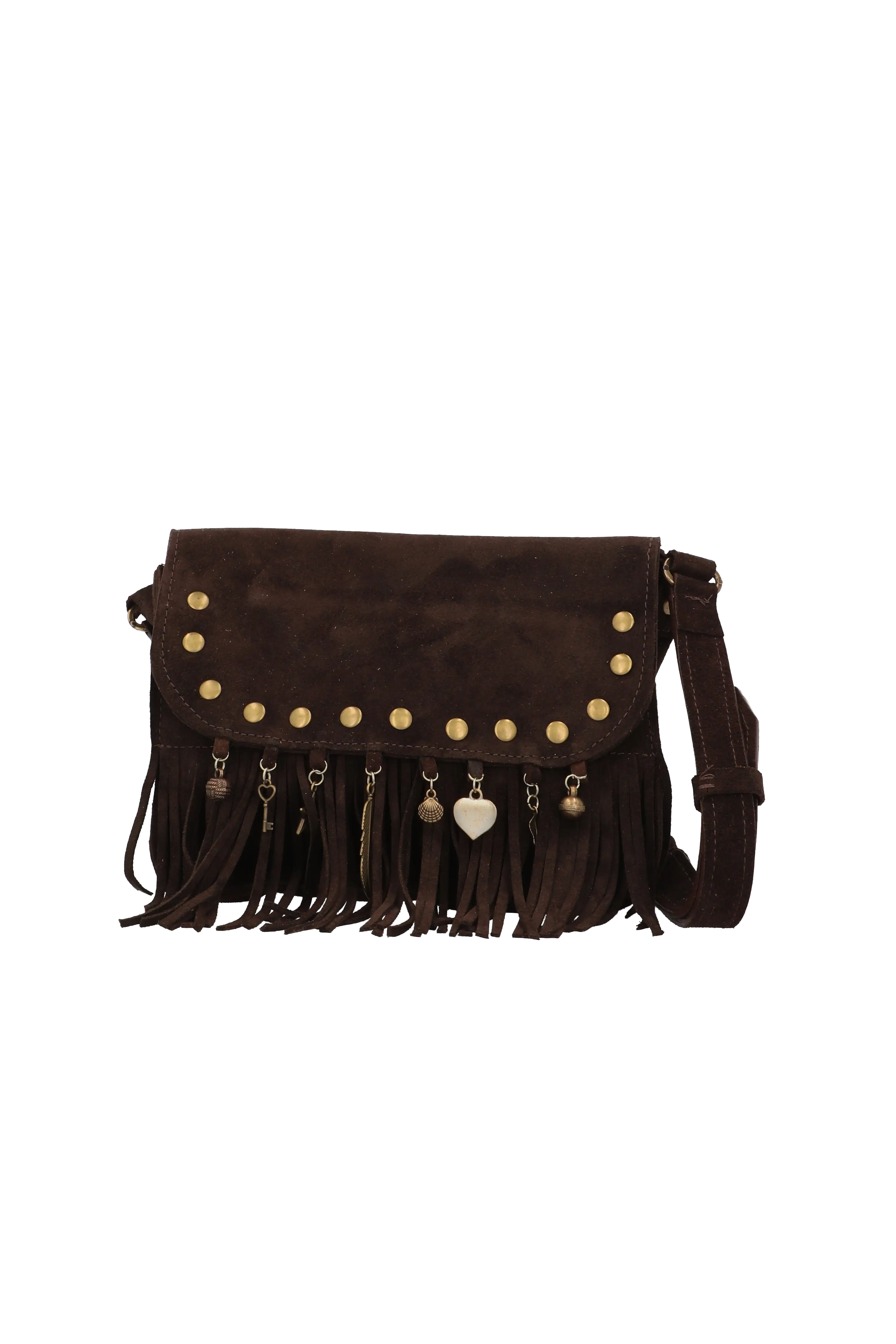 Brown leather handbag with fringes and studs on a white background