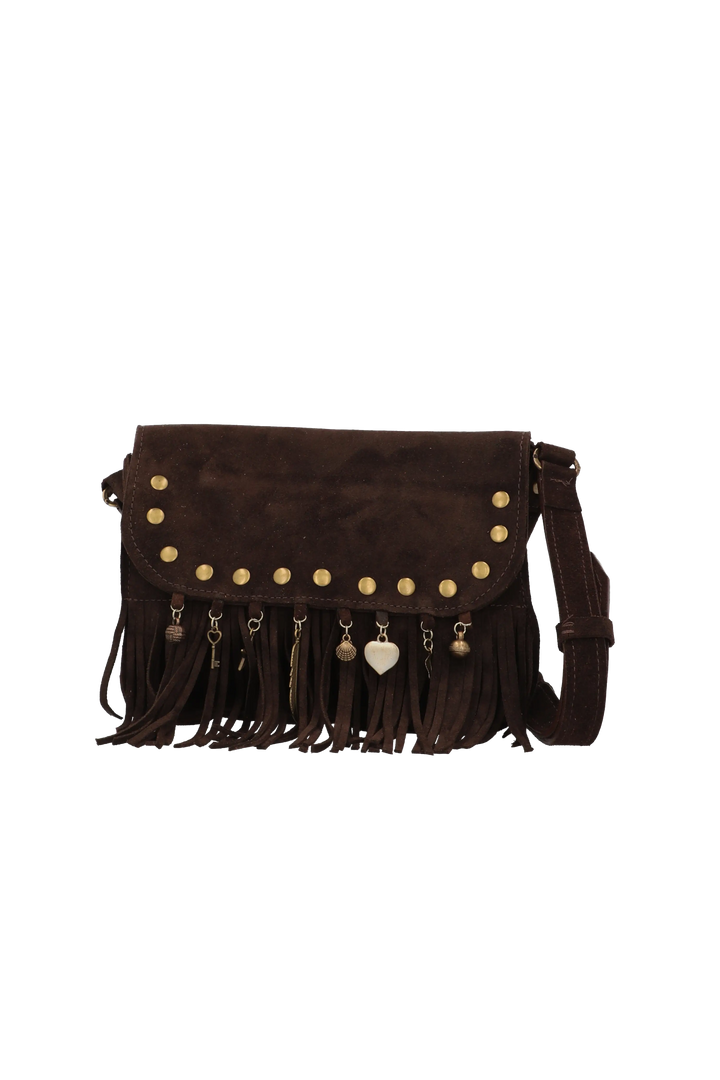 Brown leather handbag with fringes and studs on a white background