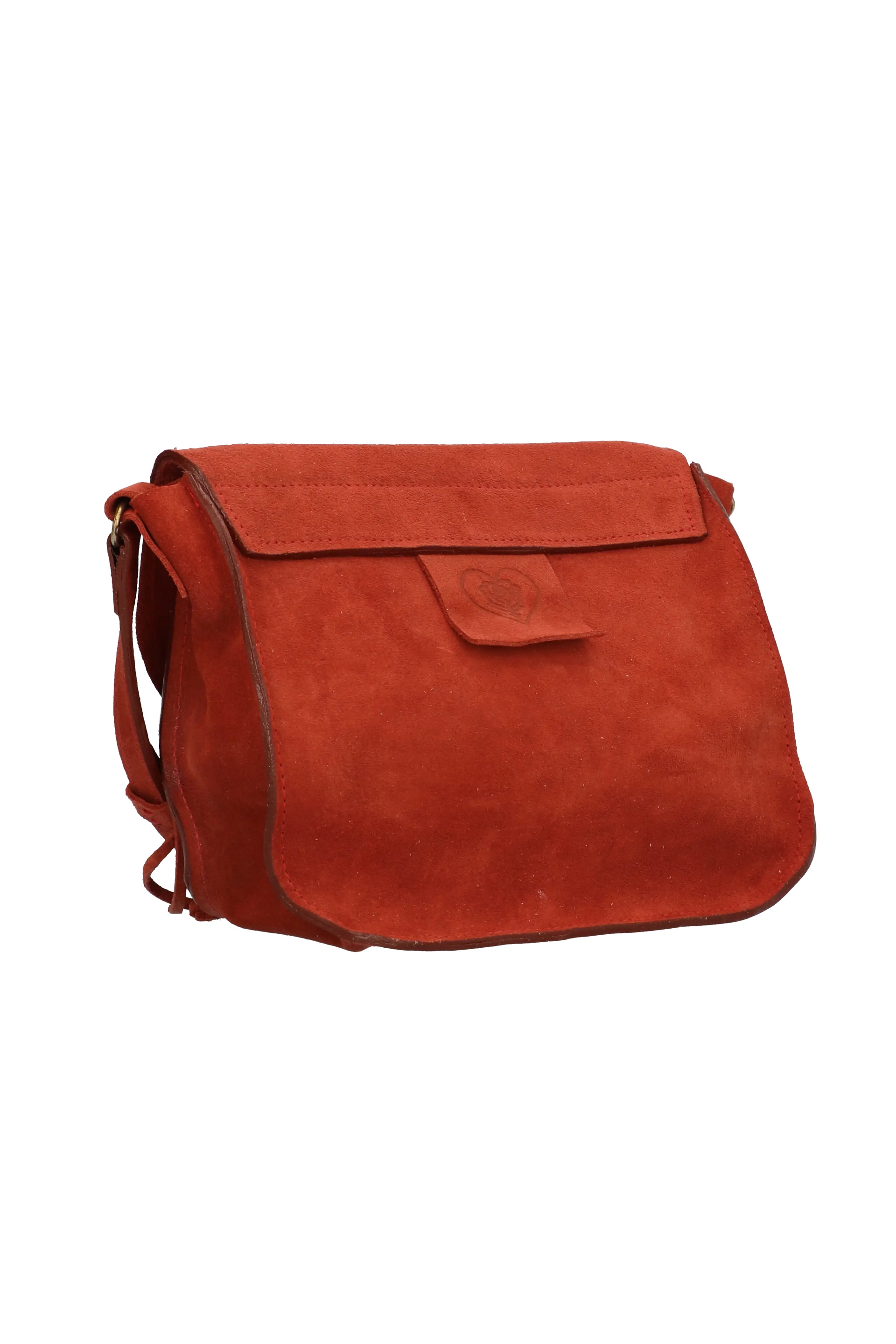 Red suede handbag on a white background