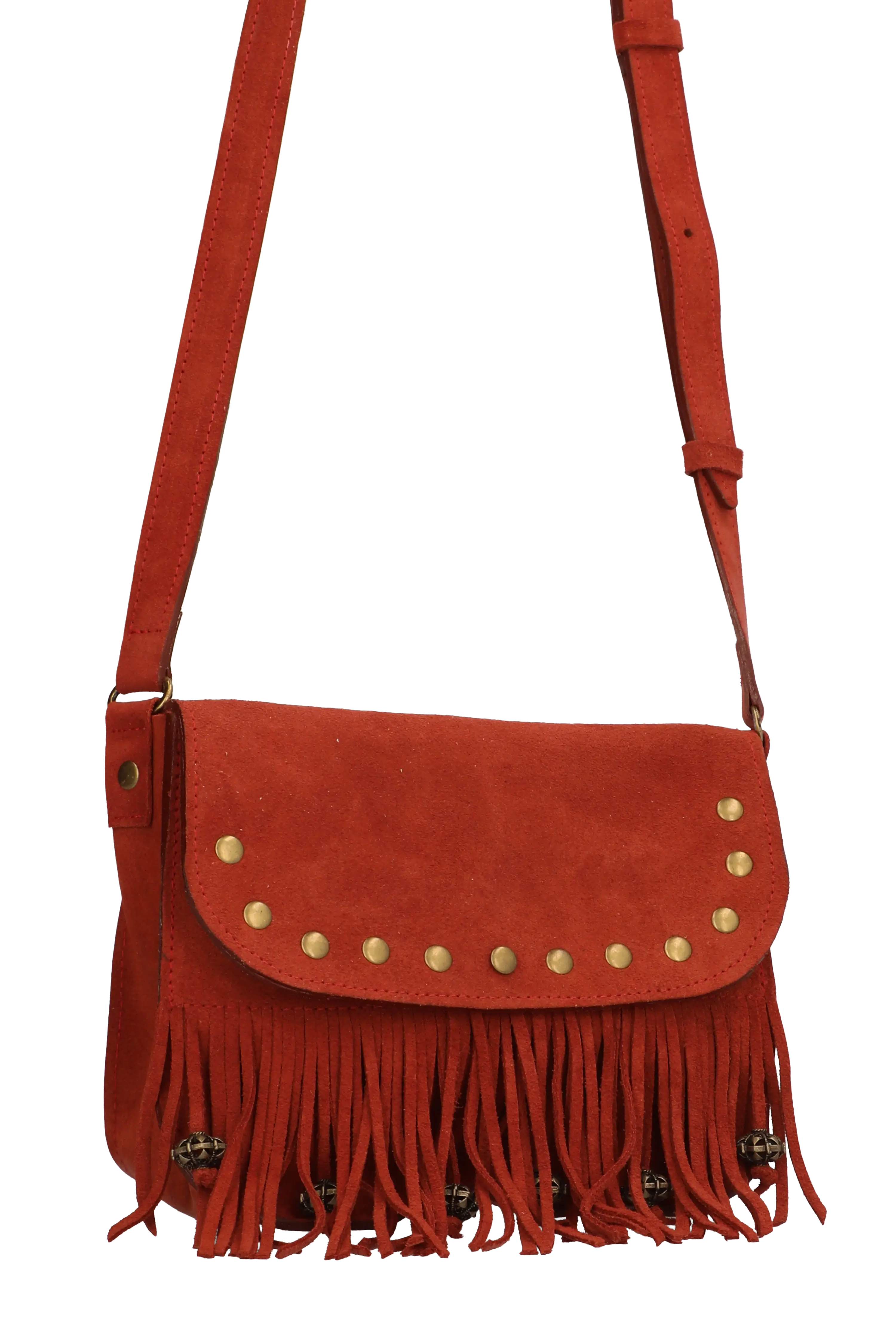 Red suede handbag with fringe and gold studs on a white background