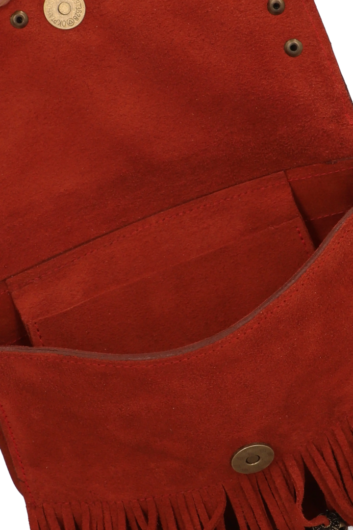 Close-up of a red suede bag with fringes and metal buttons on a white background