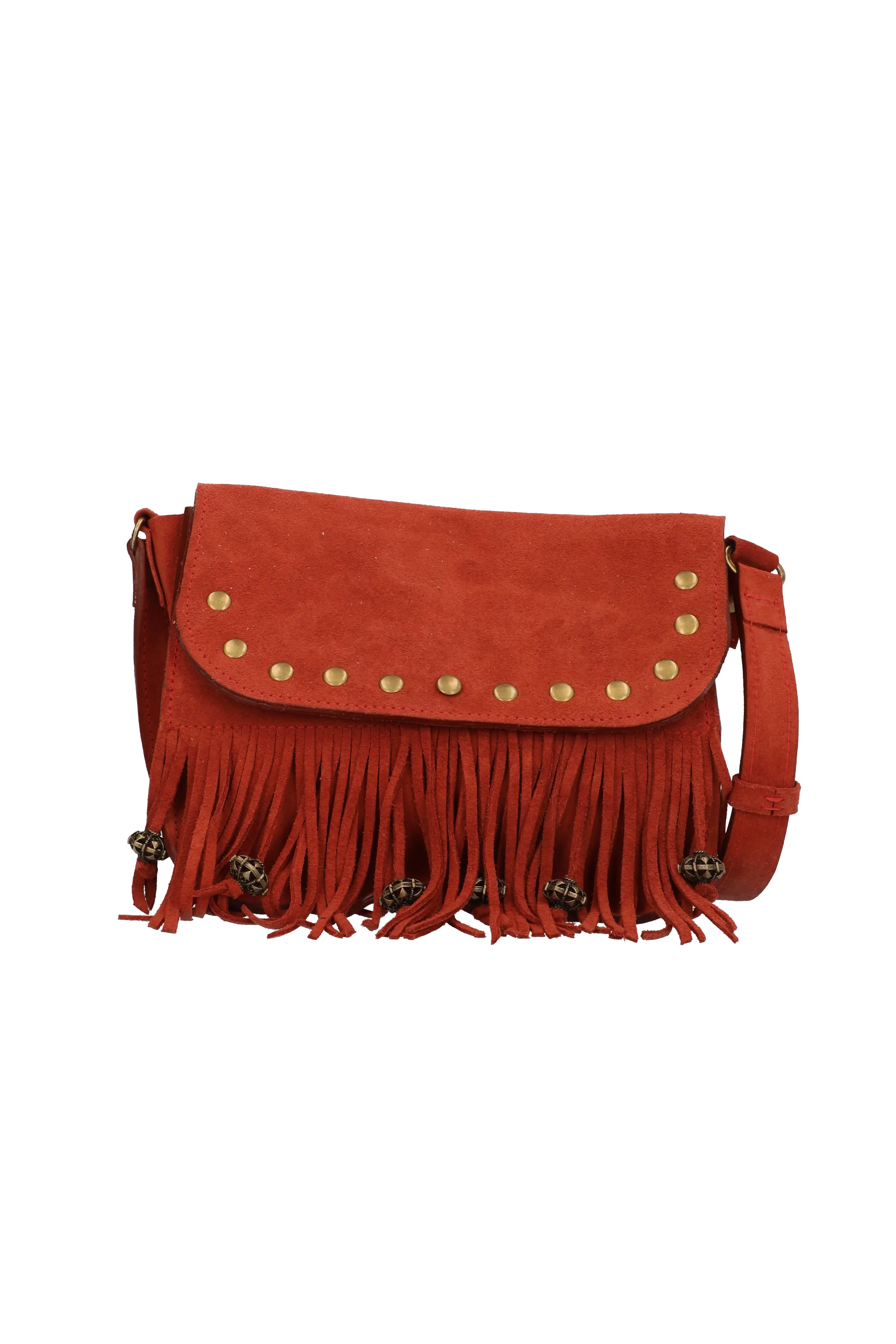Red suede handbag with fringe and gold studs on a white background
