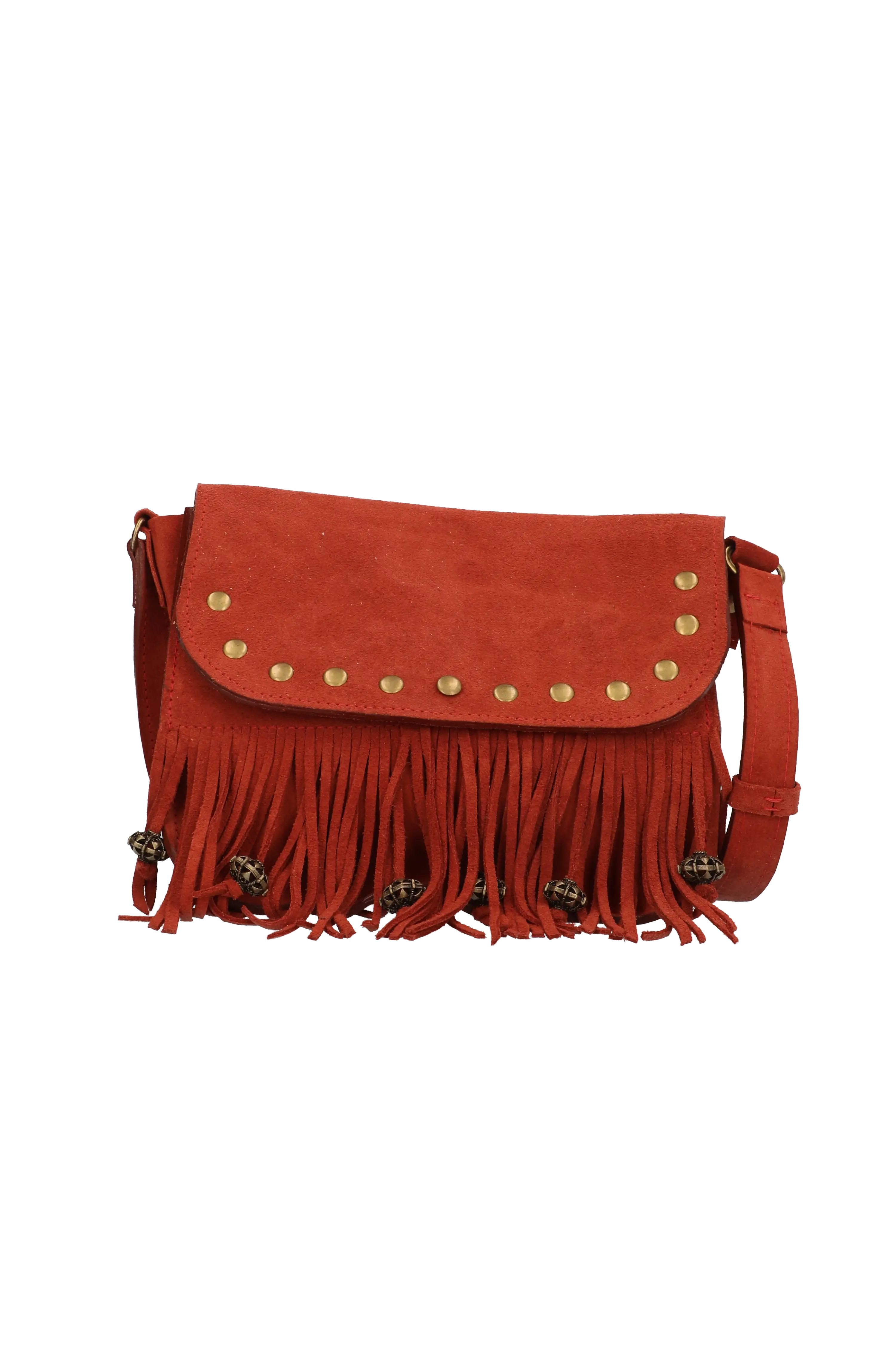 Red suede handbag with fringe and gold studs on a white background