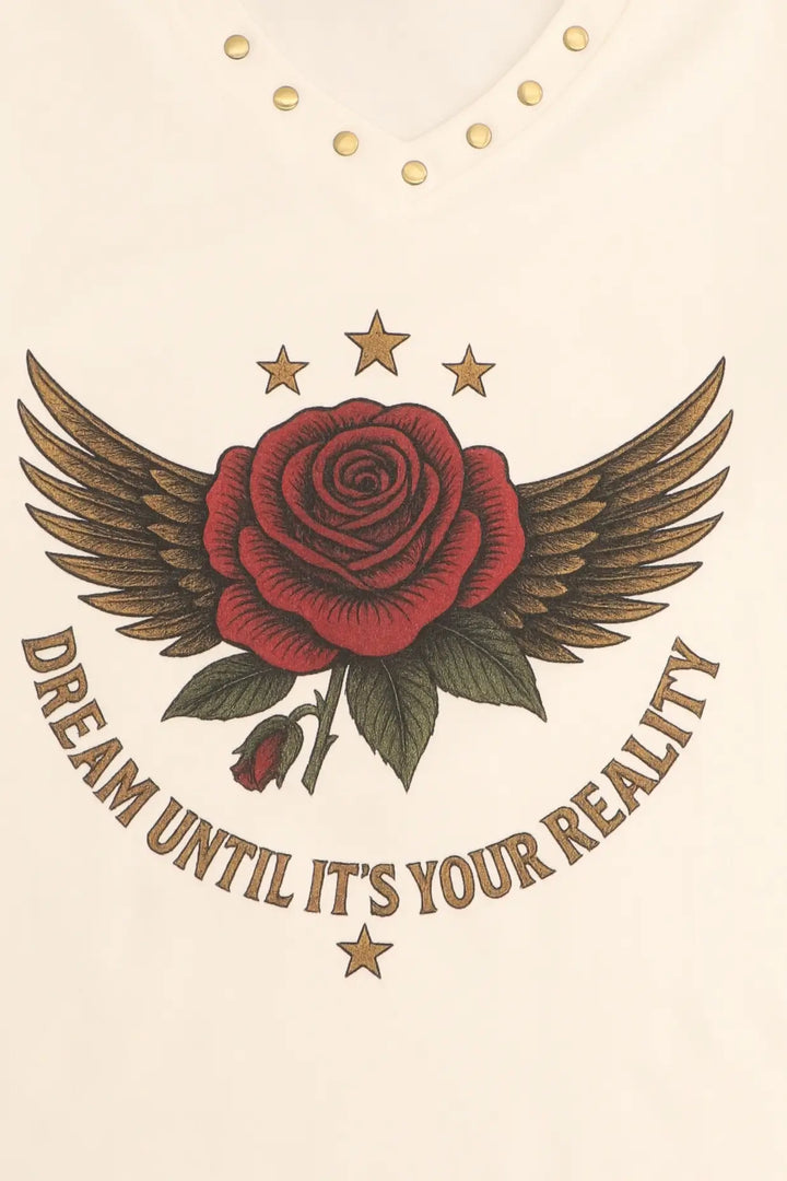 Red rose with wings and motivational text on a beige background