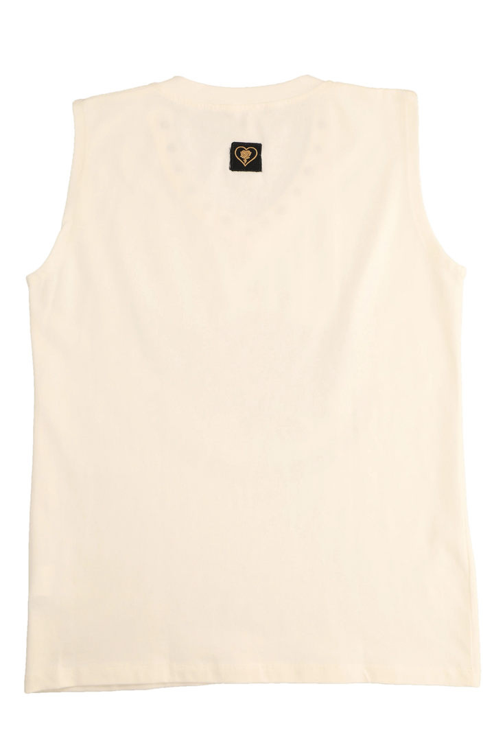 Beige sleeveless shirt with a small logo on the back against a white background