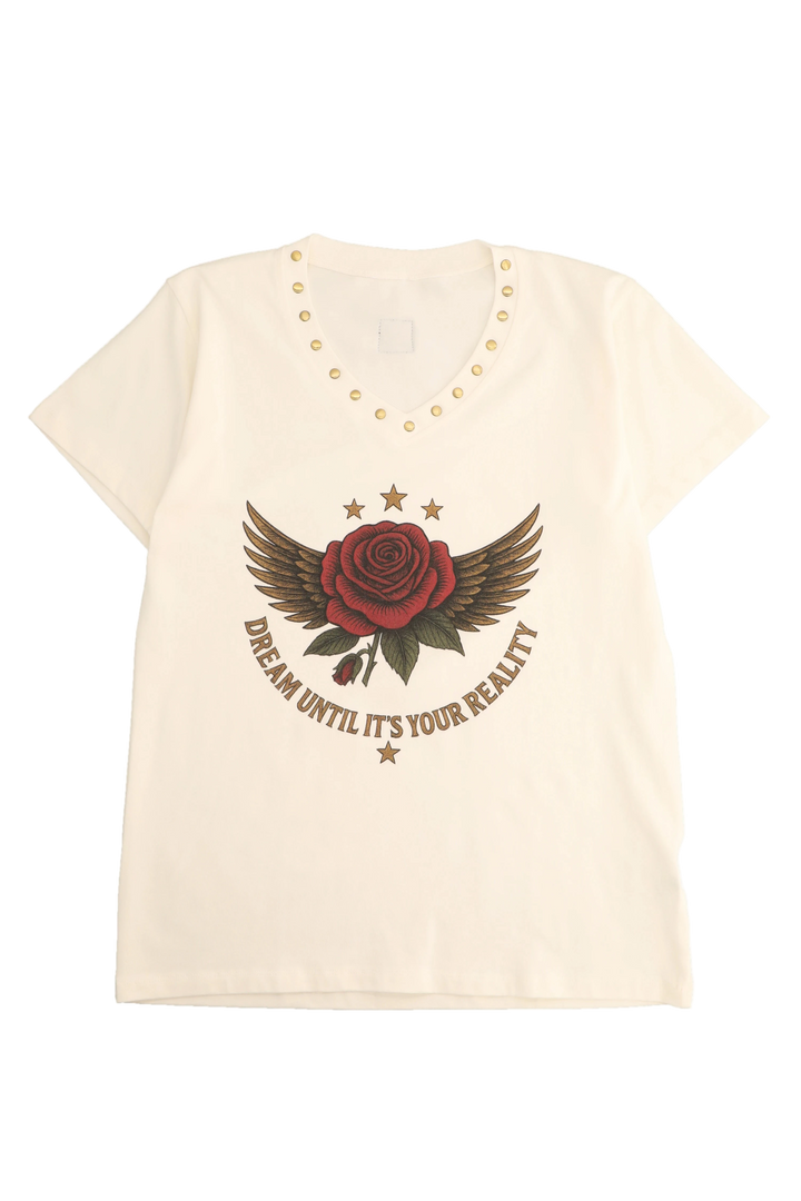 Beige t-shirt with a red rose and wings graphic and text on a white background