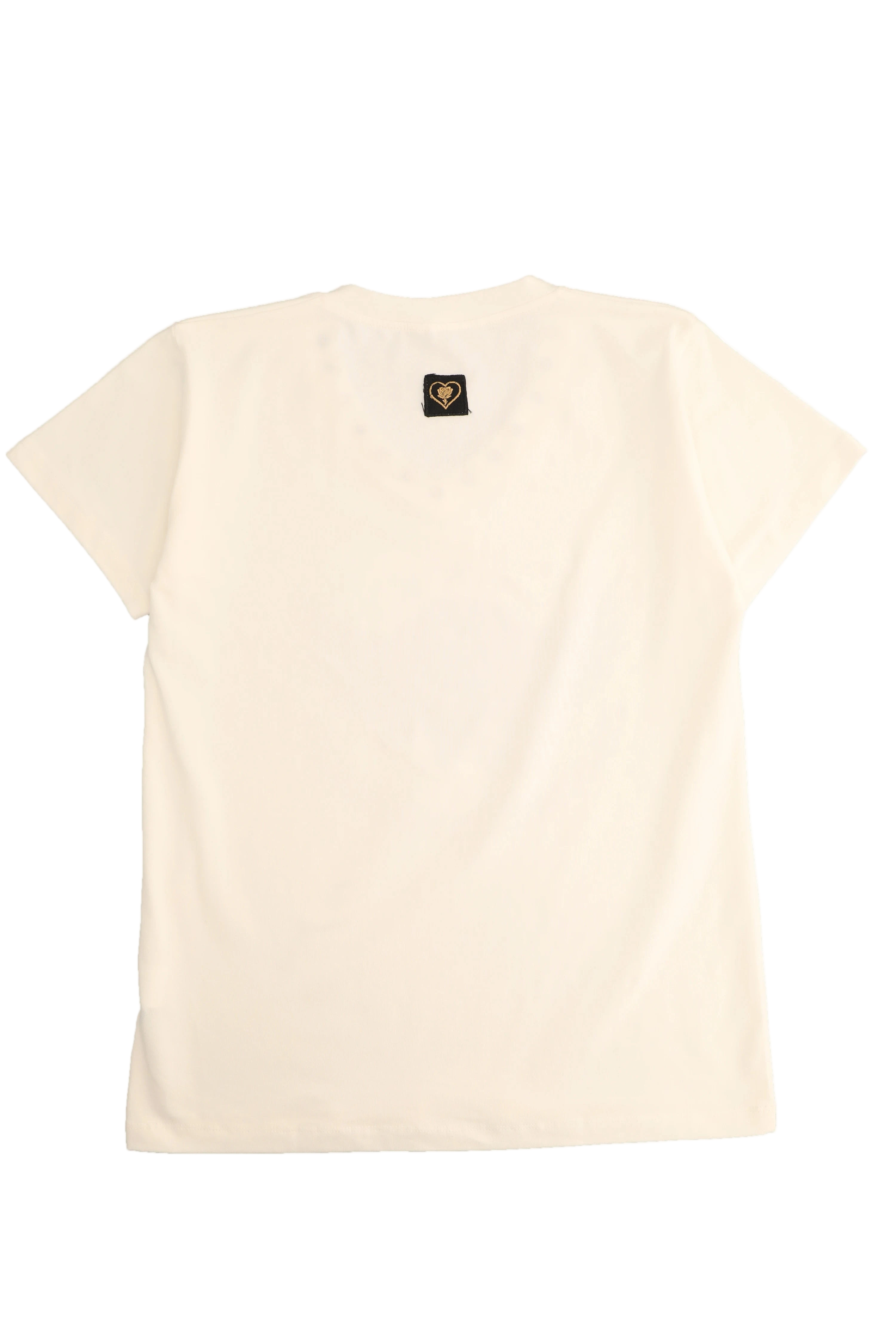 Beige t-shirt with a small logo on the chest against a white background