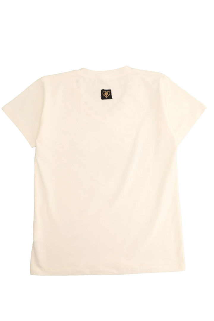 Beige t-shirt with a small logo on the chest against a white background