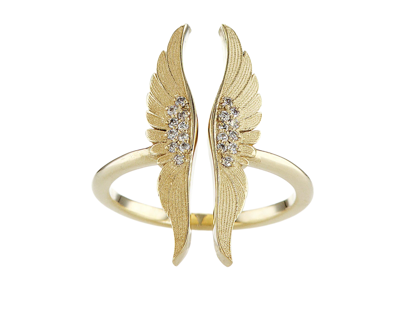Gold wing-shaped bracelet with embedded stones on a white background