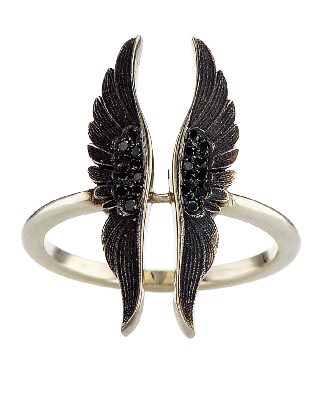 Silver ring with black wing-like designs on a white background