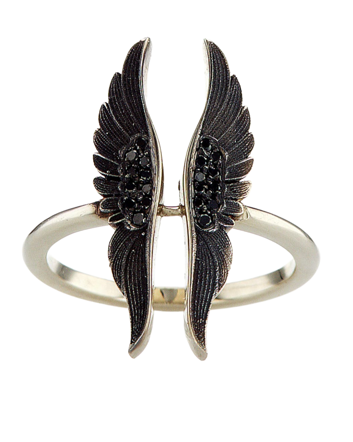 Silver ring with black wing-like designs on a white background