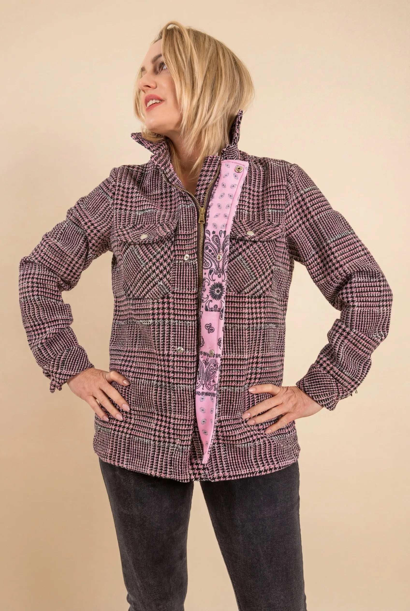 Dual Mode Jacket – Black Grey Tweed with Pink Bandana