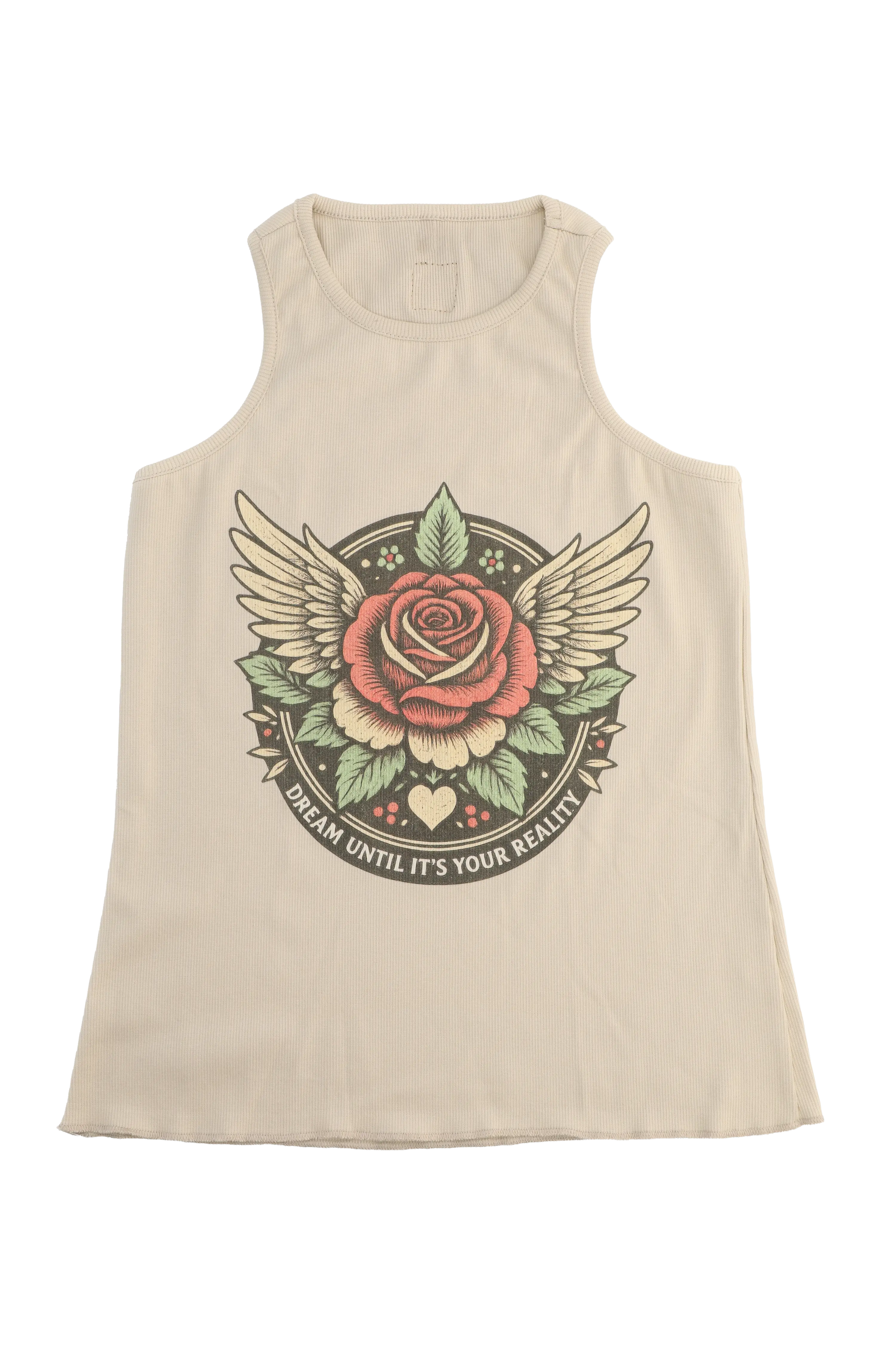 Beige tank top with a rose and wings graphic design on a white background