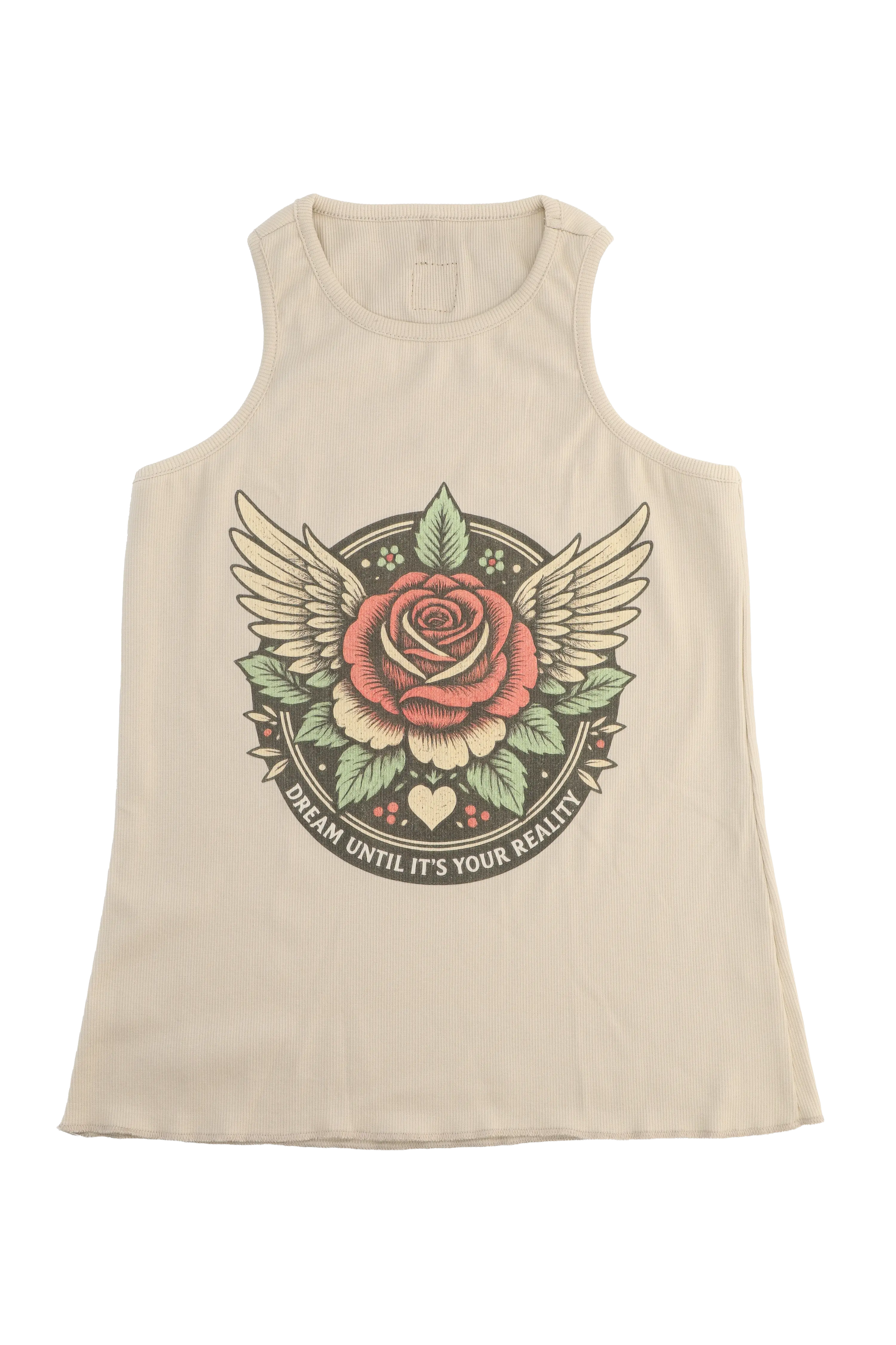 Beige tank top with a rose and wings graphic design on a white background