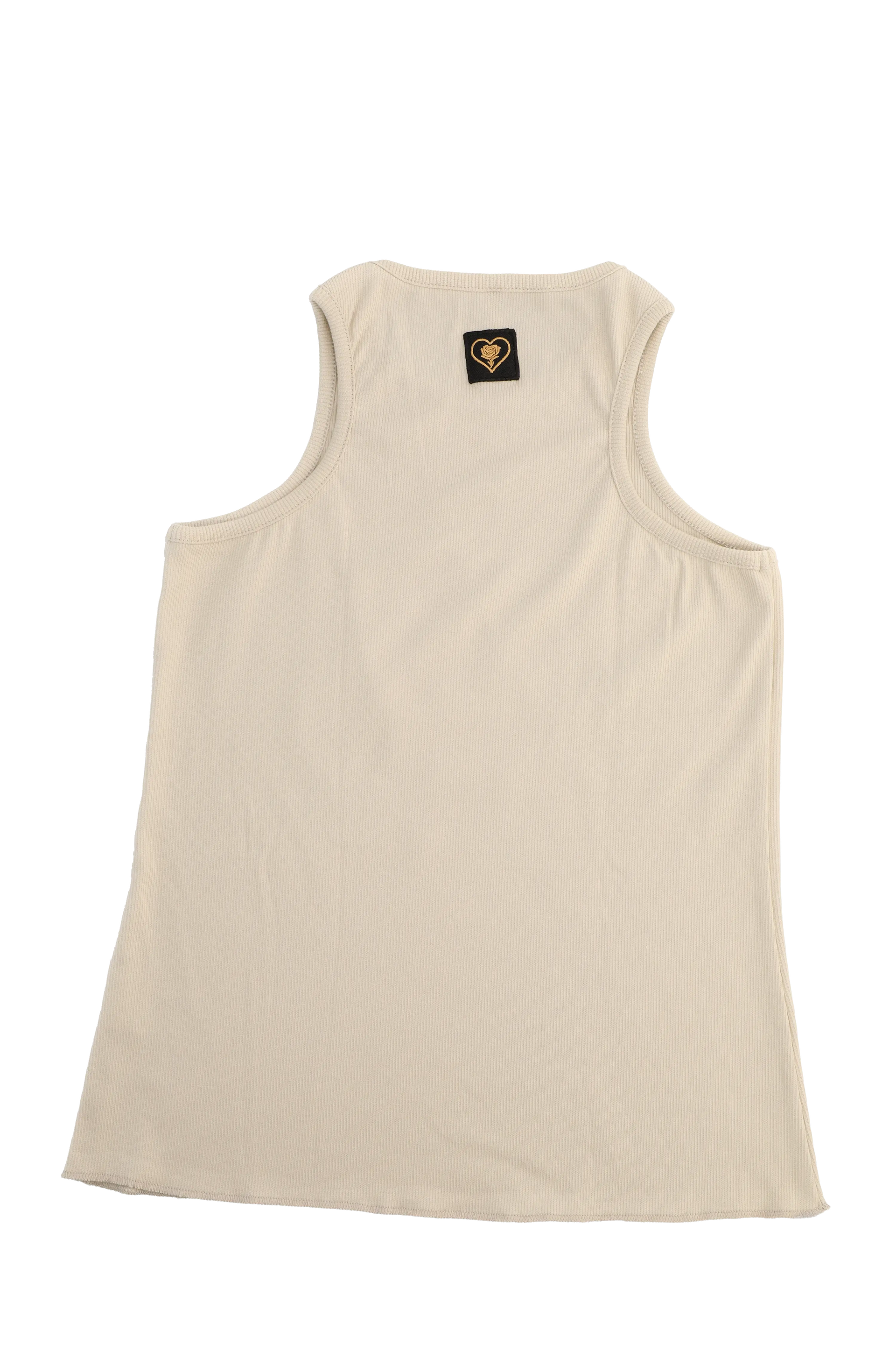 Beige tank top with a brand logo on the back against a white background