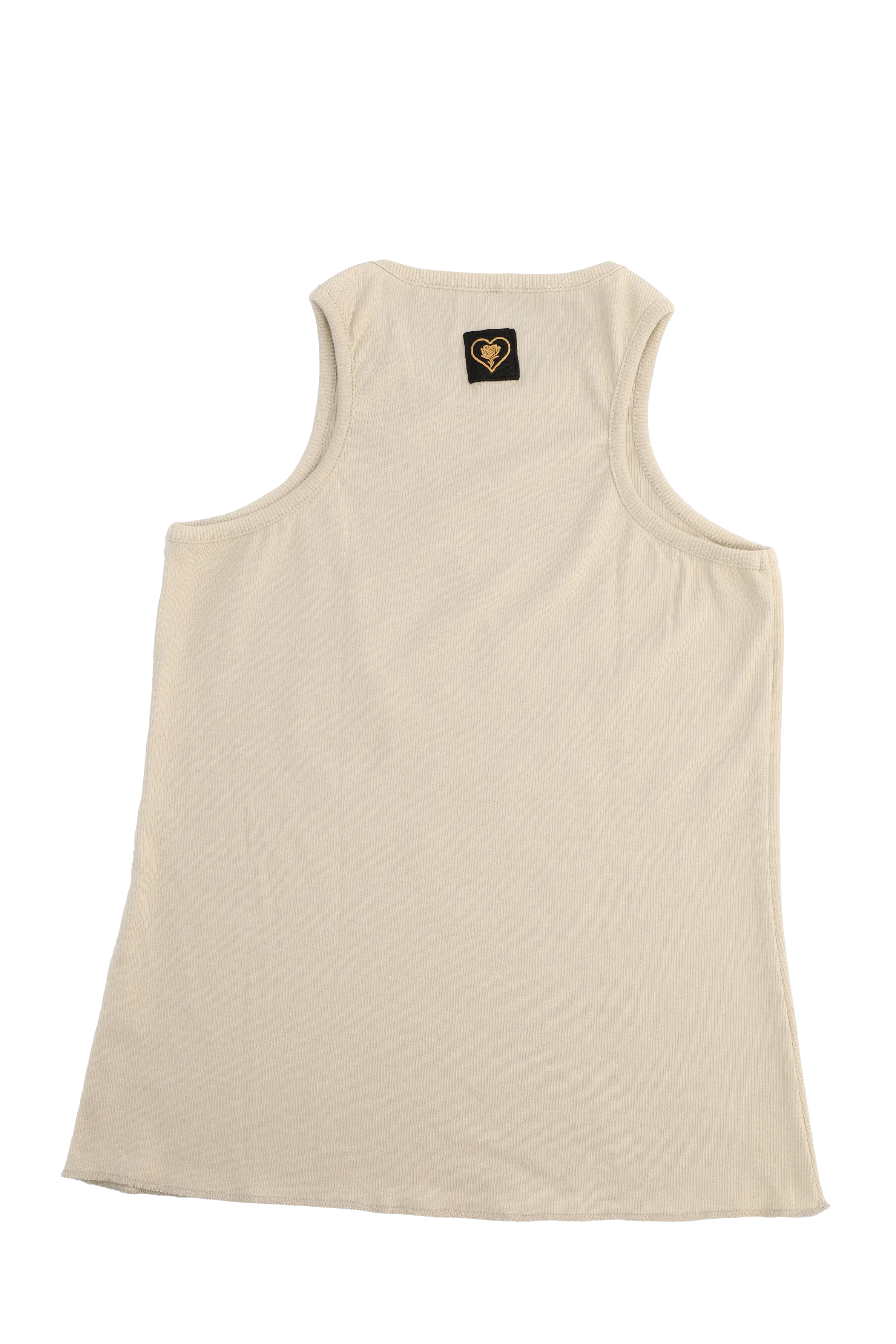 Beige tank top with a brand logo on the back against a white background