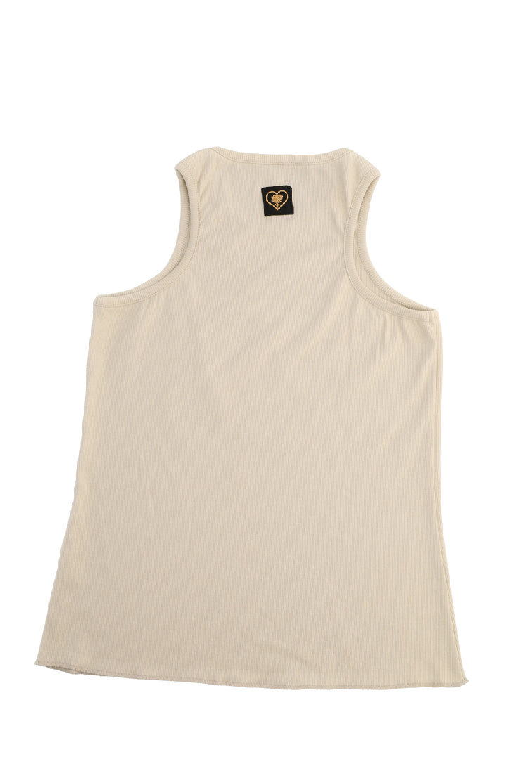 Beige tank top with a brand logo on the back against a white background