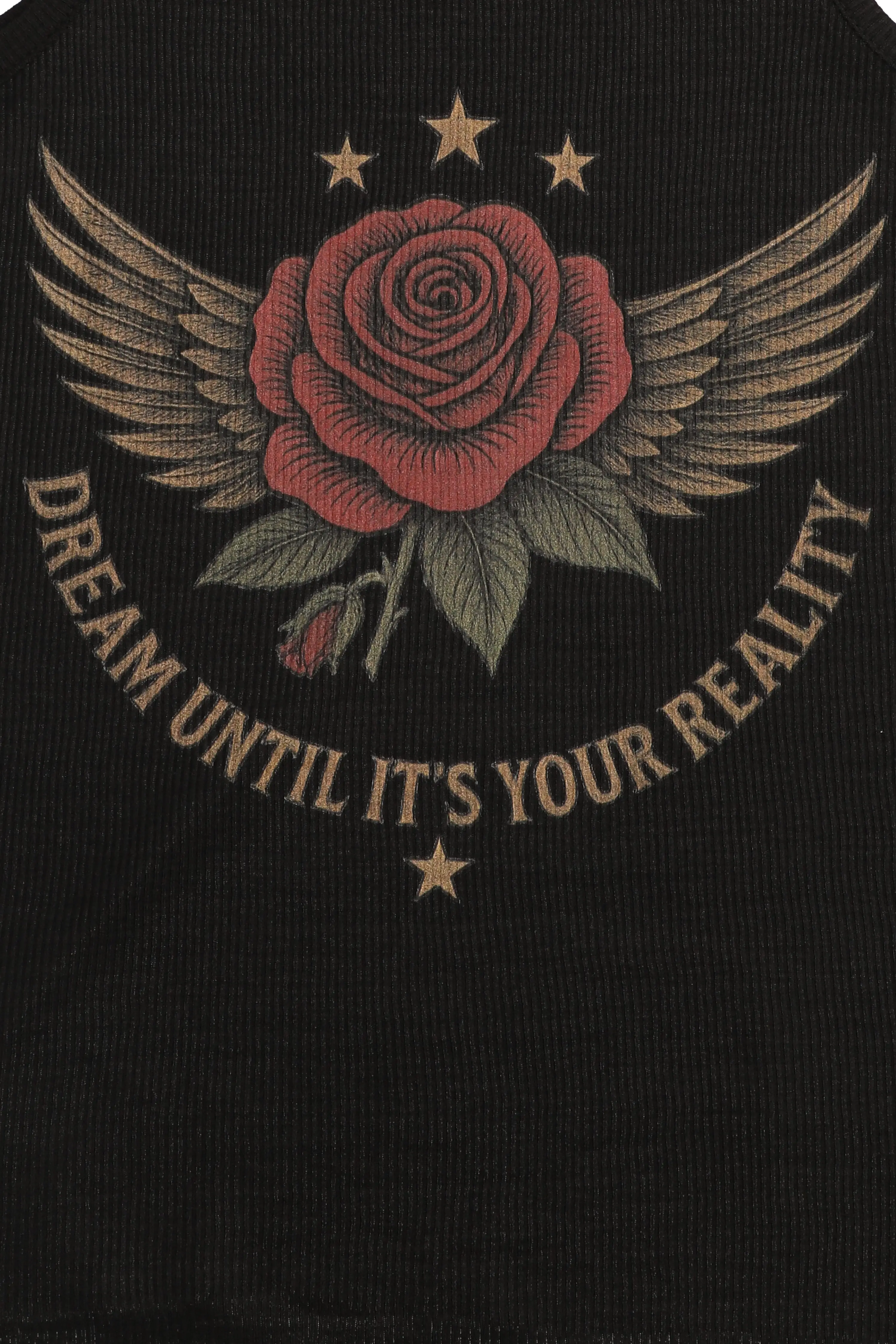 Black shirt with a red rose with wings and stars, and 'Dream Until It's Your Reality' text.
