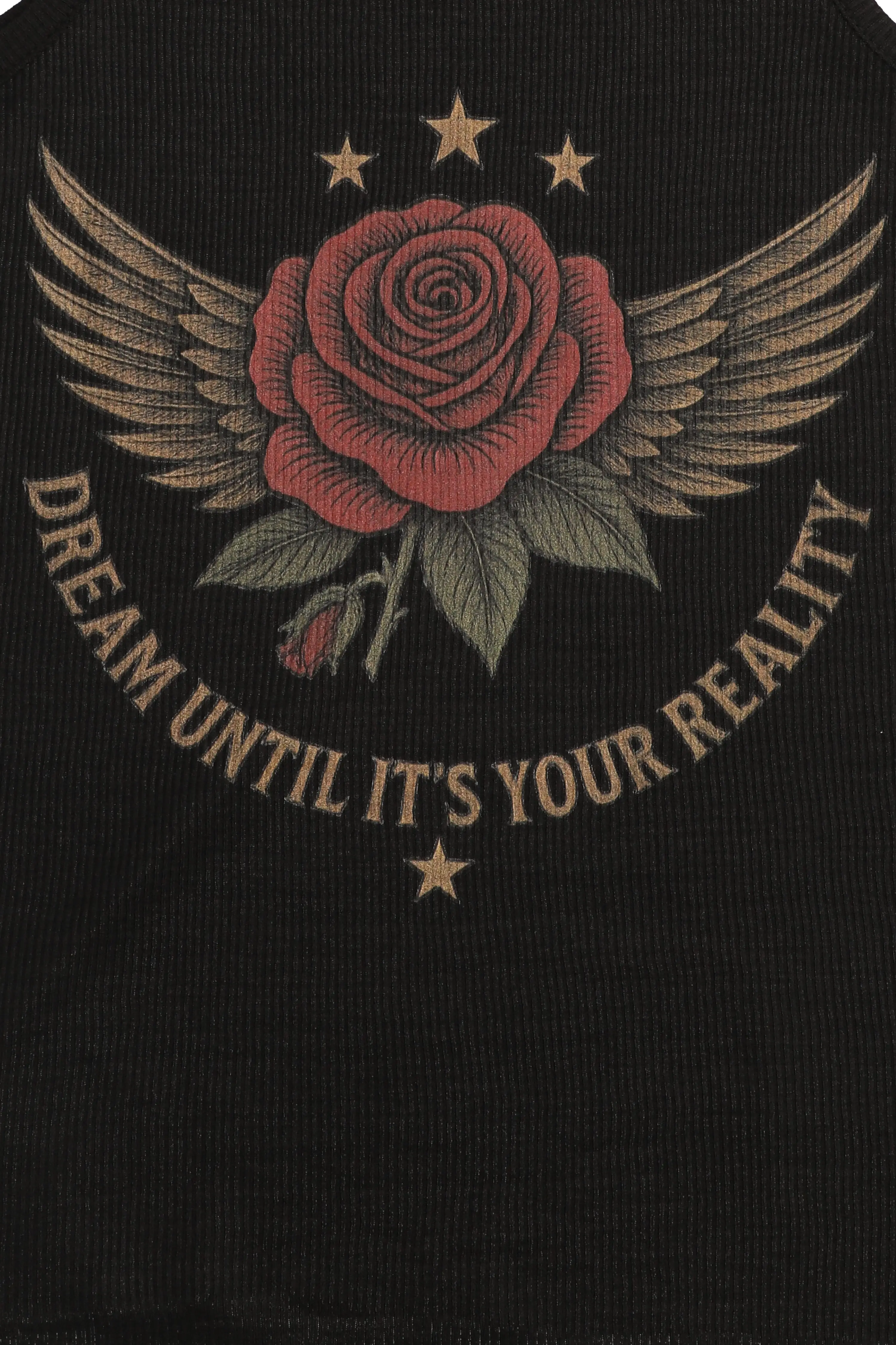 Black shirt with a red rose with wings and stars, and 'Dream Until It's Your Reality' text.
