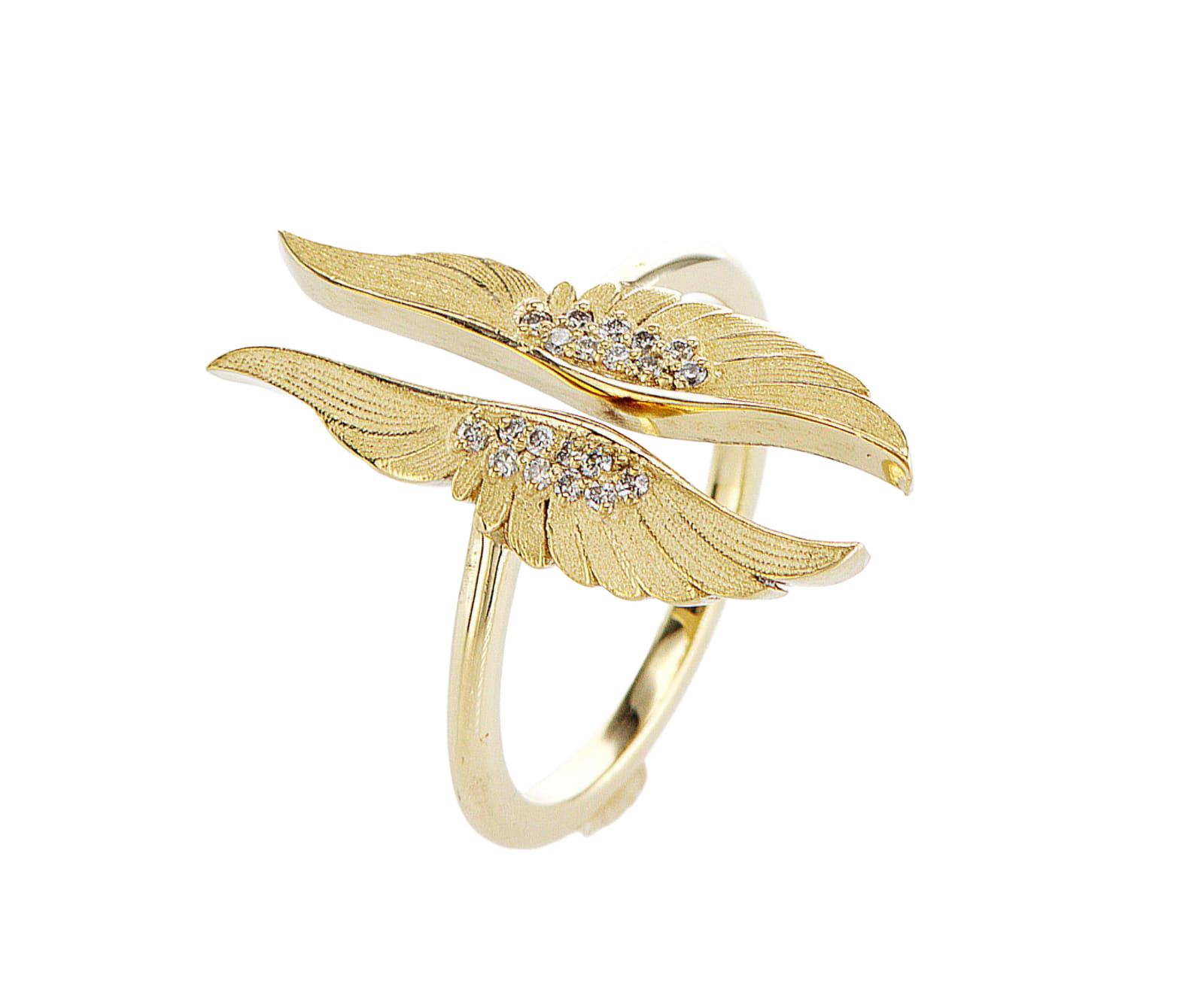 Gold wing-shaped ring with diamond accents on a white background
