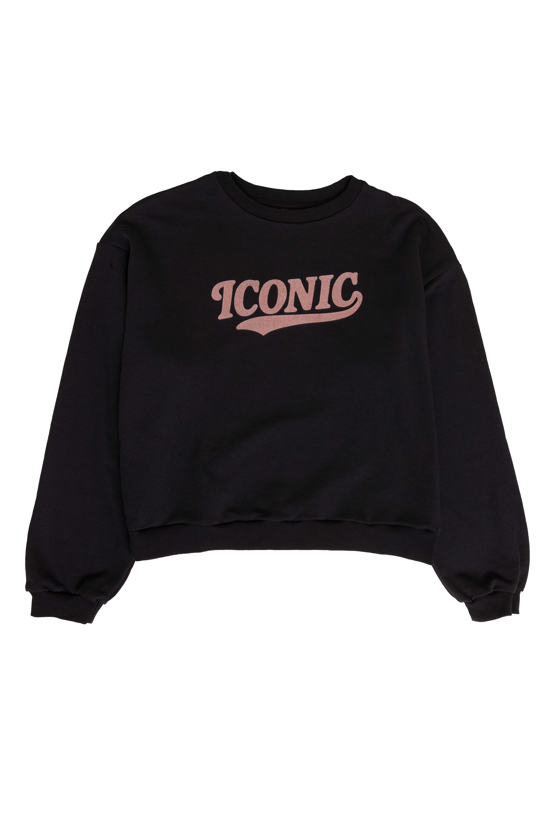 Black sweatshirt with 'ICONIC' text in pink on a white background