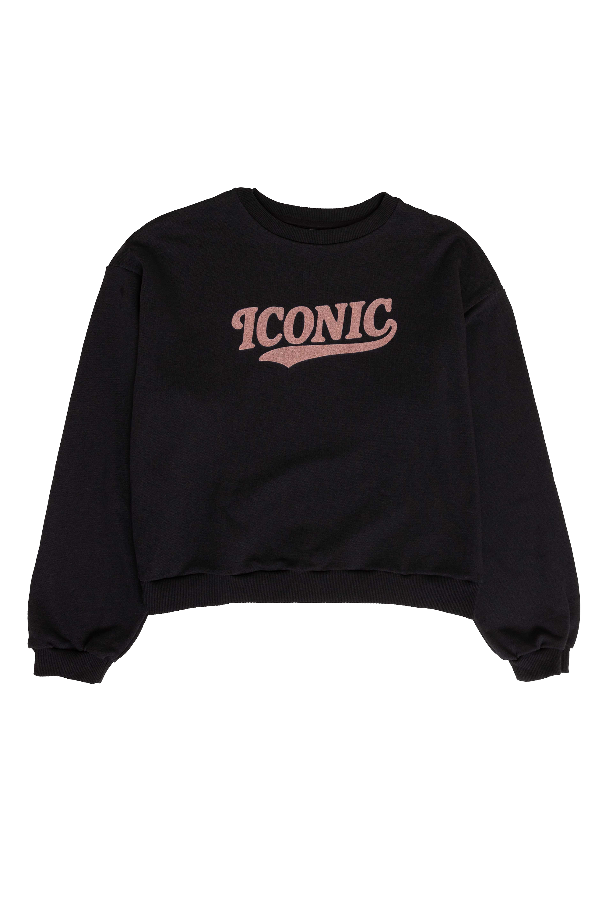 Black sweatshirt with 'ICONIC' text in pink on a white background
